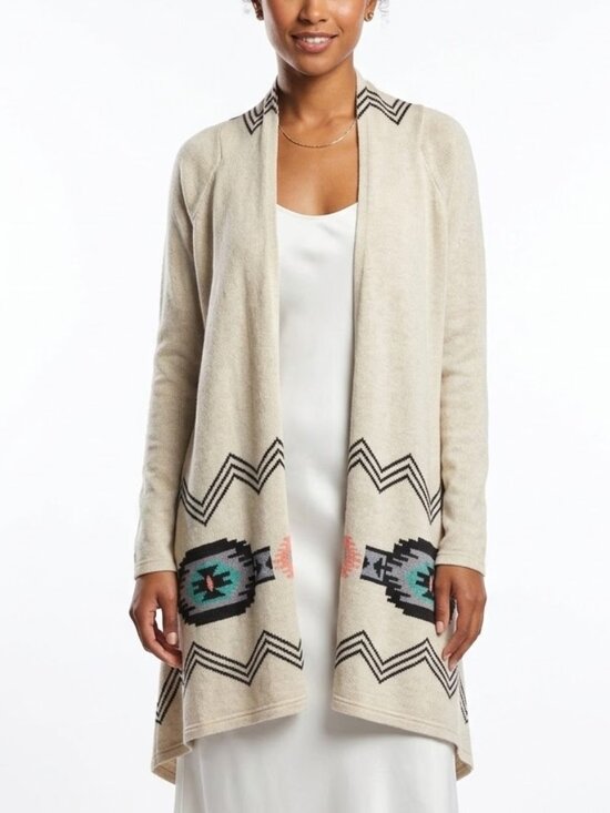 California Gypsy Sweaters - California Gypsy Southwestern Aztec Open Front Cardigan Duster Black Cream L